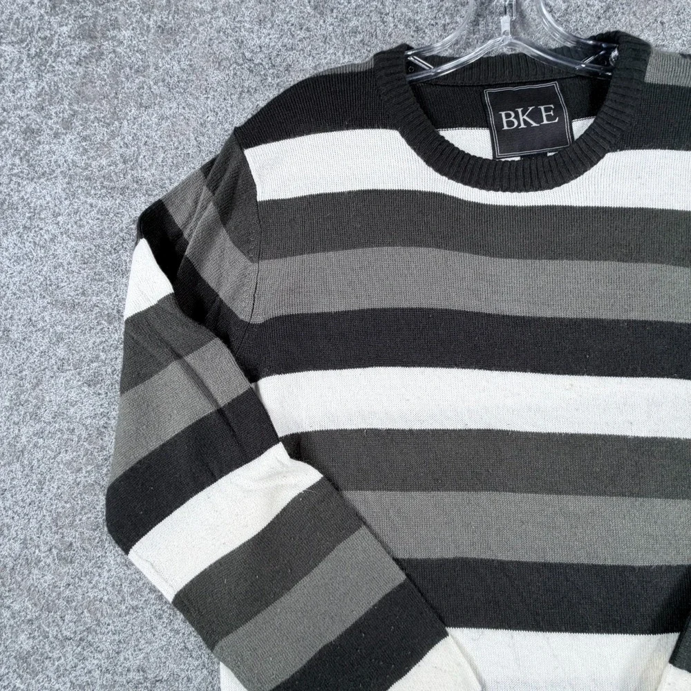 BKE Pullover Sweater‎ Mens L Black Gray White Striped Classic Office Wear Preppy